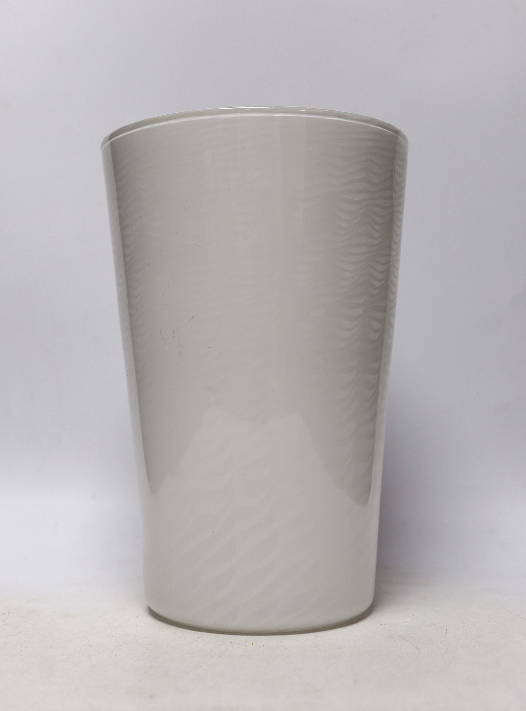 A Whitefriars ‘cloudy white lattice’ glass beaker vase, 30cm high